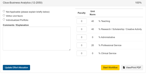 Screenshot of sample data entry screen for Cbus-Business Analytics (12-2050) 100% - shows filters for Not Applicable with Comments/Explanation box below; Within Unit Norm; Individualized Portfolio - table shows percentage with headers: Faculty; Unit Norm and type of effort