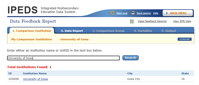 Screen shot showing where to enter search text on the IPEDS web page