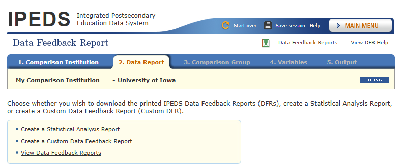 Screen shot showing where to select "View Data Feedback Reports" on the IPEDS web page.