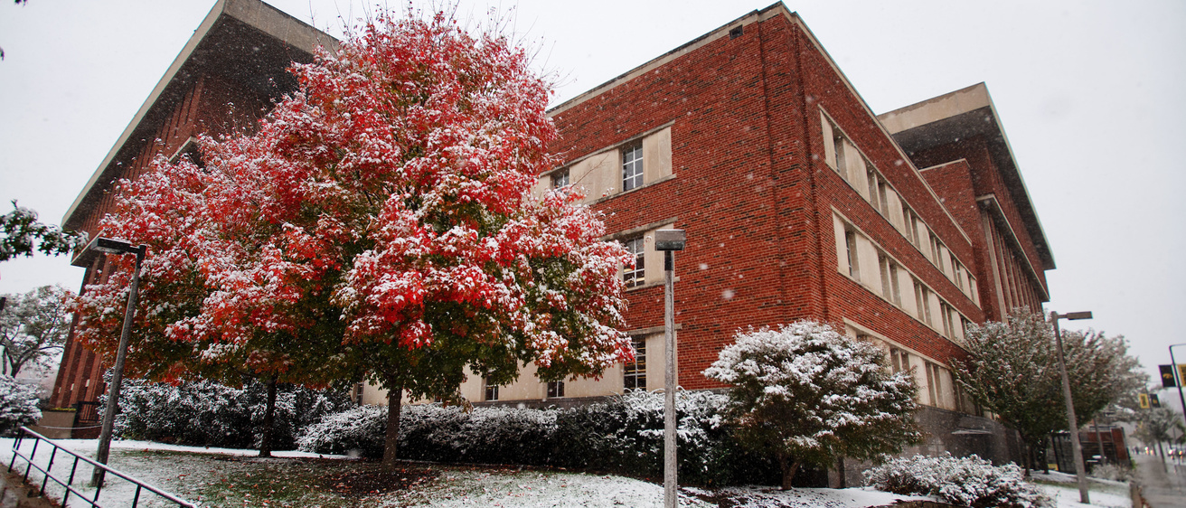 University libraries on a snowy day in October.