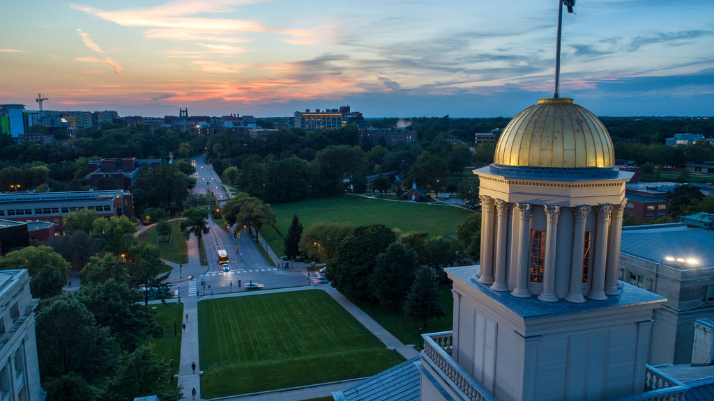 A drone image from close behind the Old Capitol dome.